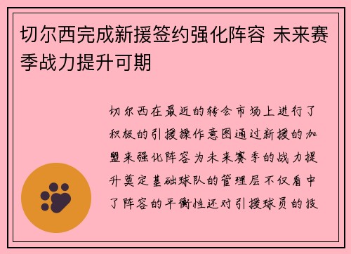 切尔西完成新援签约强化阵容 未来赛季战力提升可期
